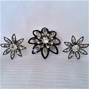 Vintage Brooch and Earrings Set Black Rhinestones Faux Diaminds Sparkles 60's